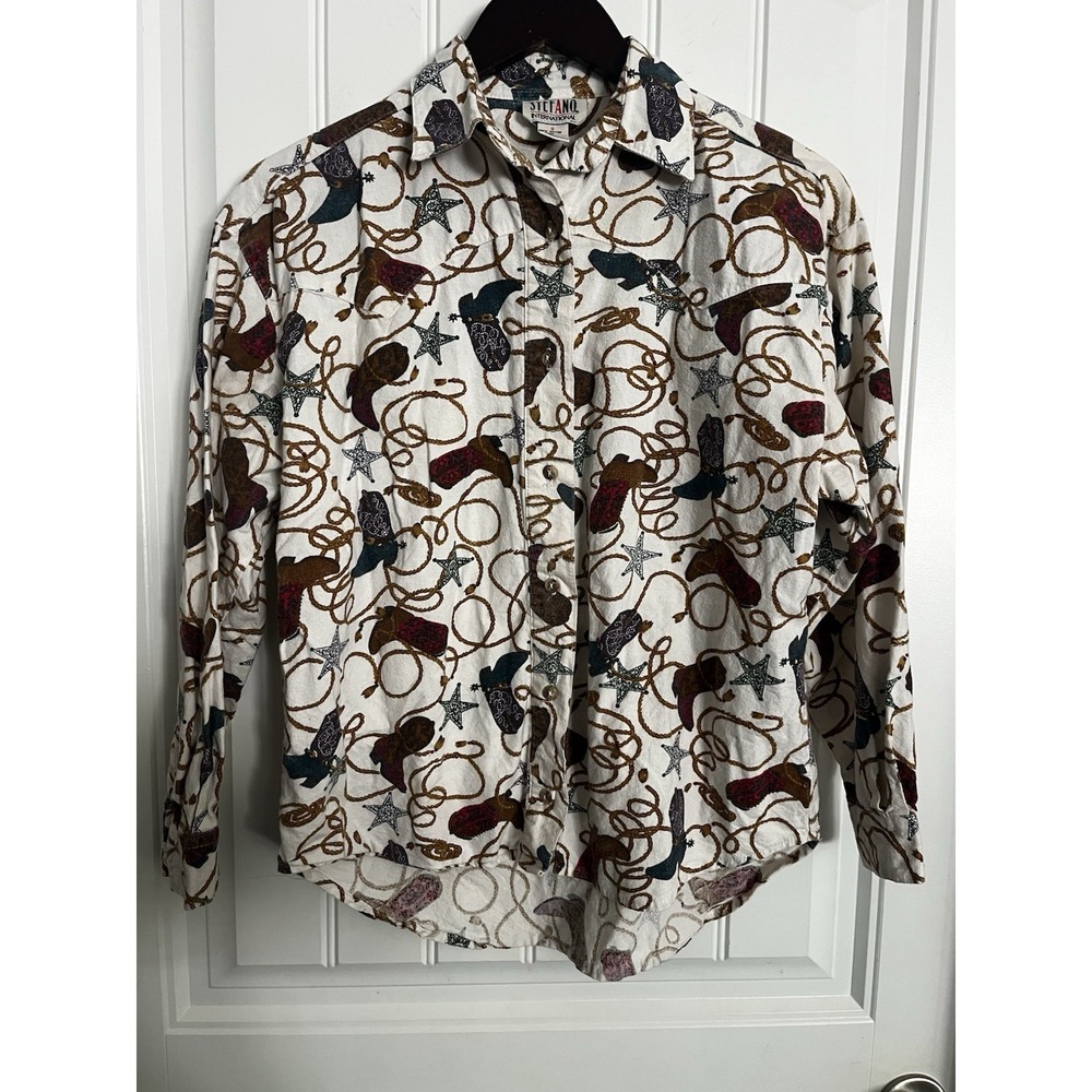 Vintage 90s Stefano Rodeo Western Cowboy Boot Print Womens S Flannel Shirt 660